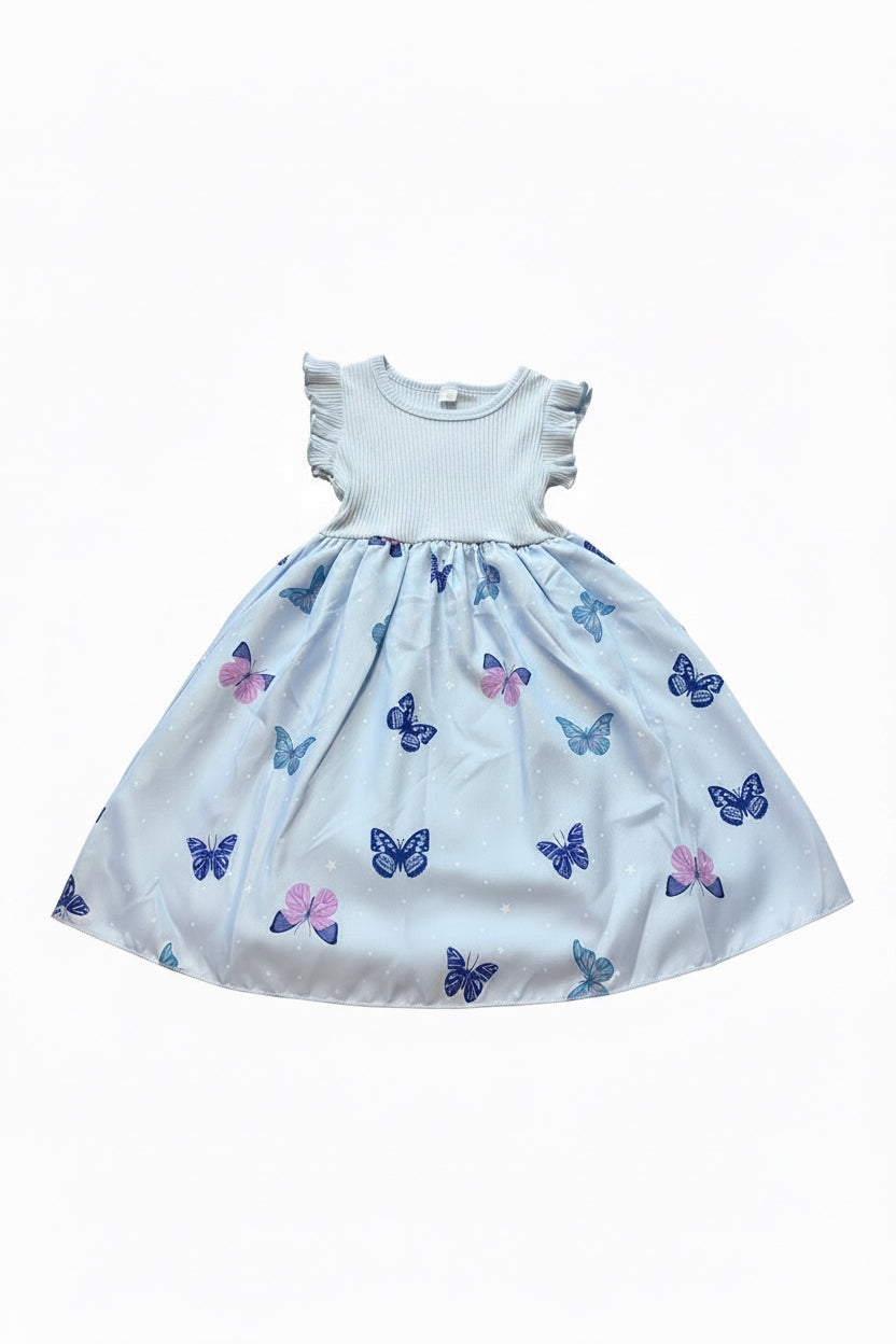 Light blue dress with butterfly patterns on a white background