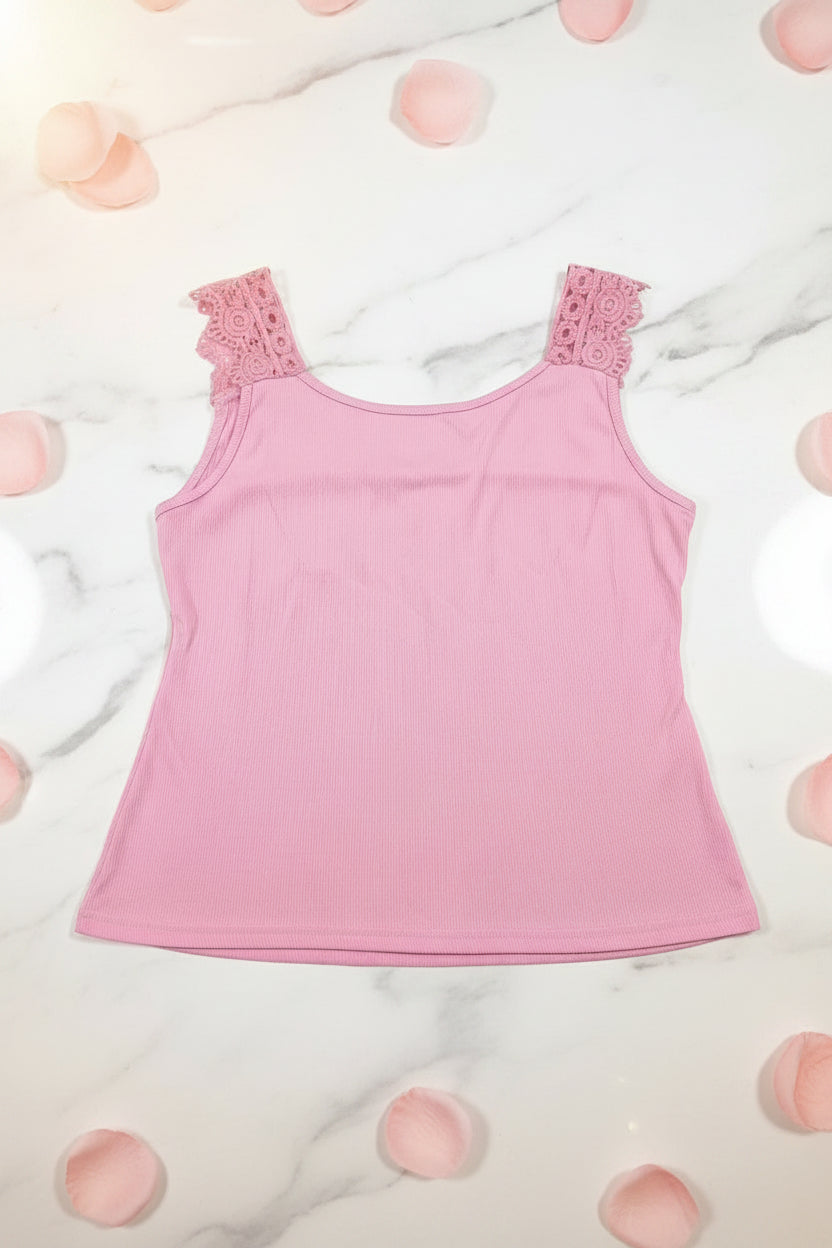 Pink Crochet Strap Tank Top - lying flat on floor