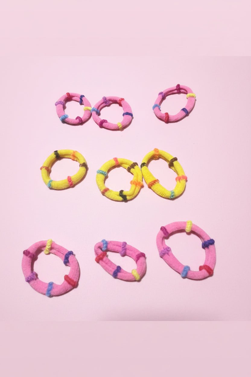 Kids Colourful Hair Ties – Pack of 9 | Pink & Yellow Hair Elastics for Girls - Juanita Boutique