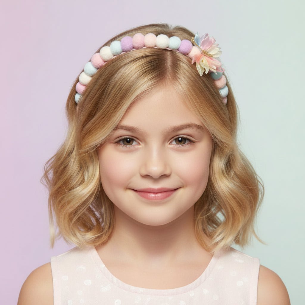 Young girl wearing pastel pom pom headband with flower detail