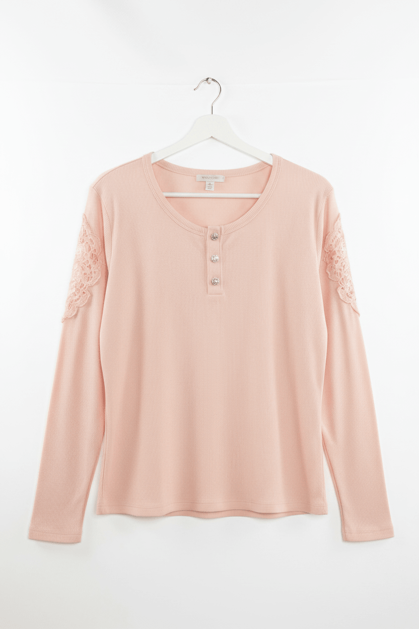 Lace Panel Long Sleeve Top - Cream - Juanita Boutique