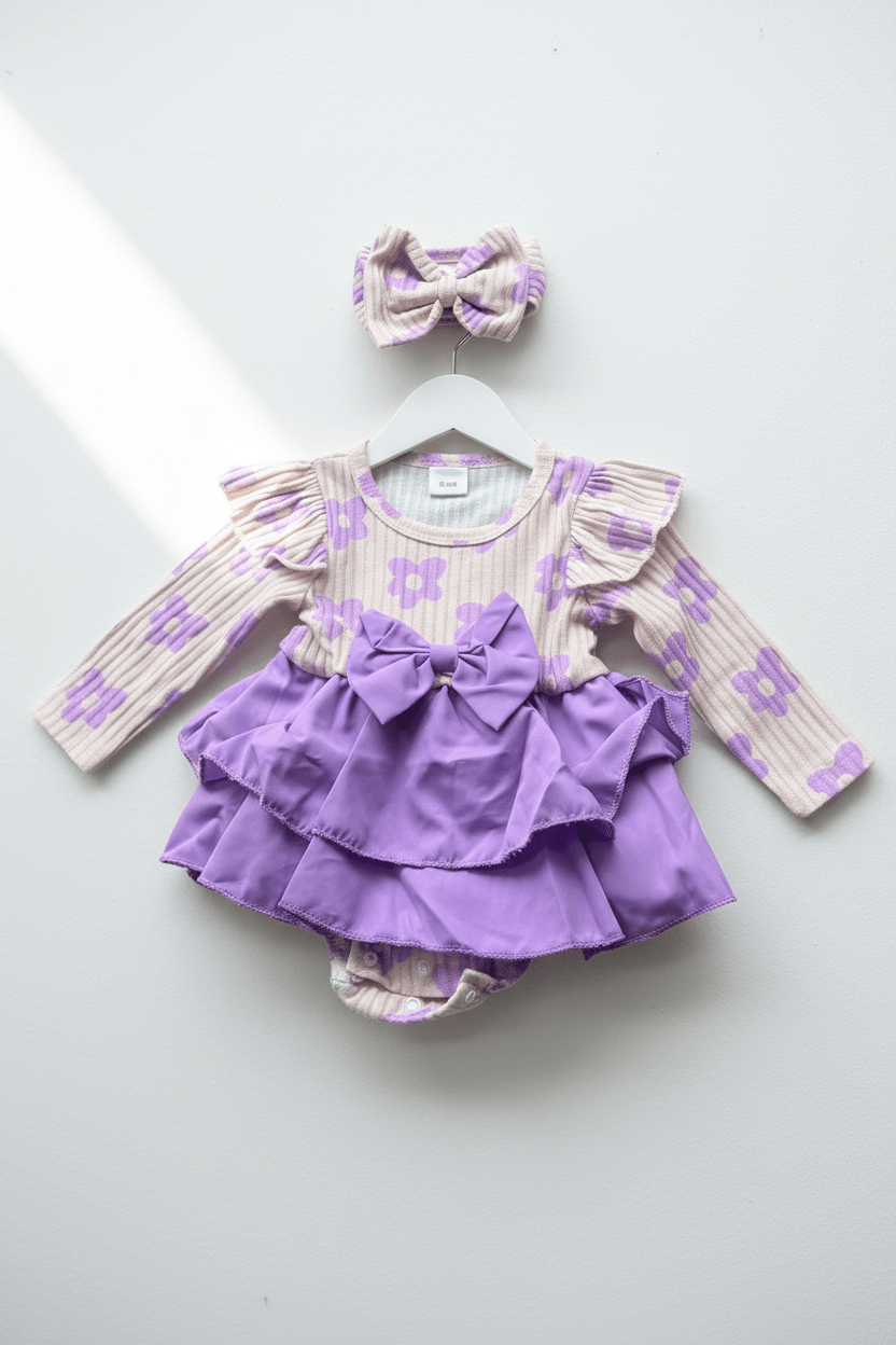 Lilac Floral Ruffle Romper Set with Headband only have - Juanita Boutique