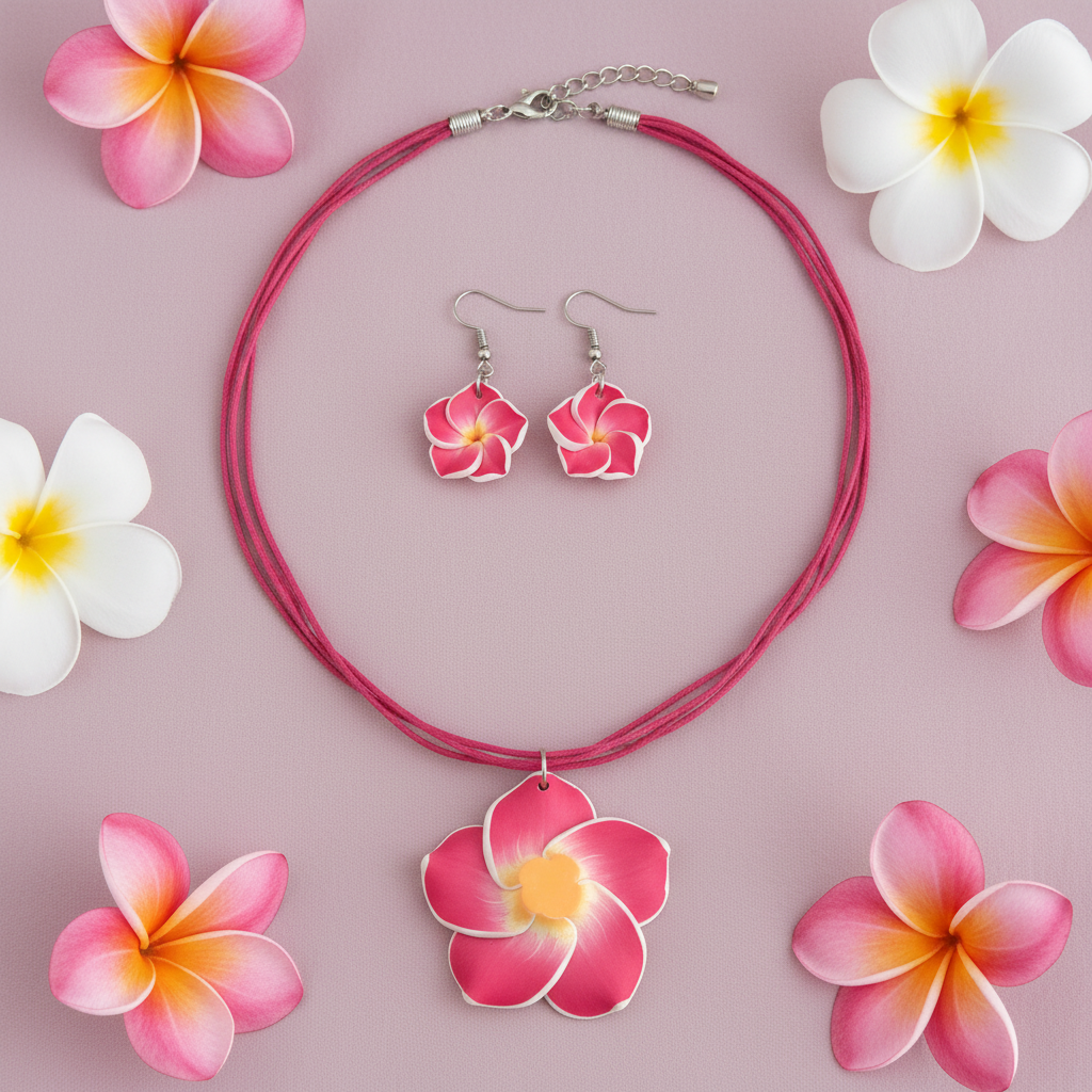 Pink Frangipani Jewellery Set – Necklace and Earrings laid flat on a pink background"