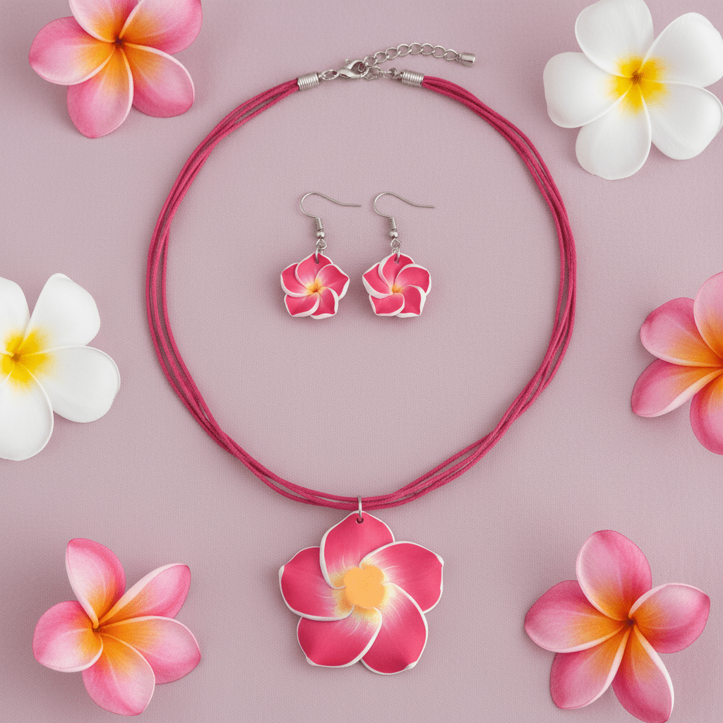Pink Frangipani Jewellery Set – Necklace & Earrings - Juanita Boutique