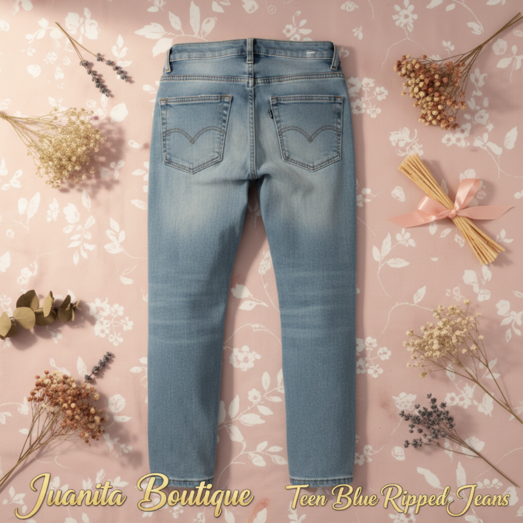 Teen Blue Ripped Jeans Floral Flat Lay