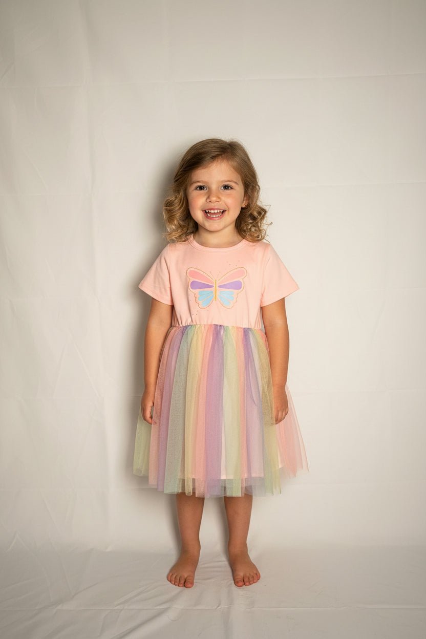 Girls' Rainbow Butterfly Tulle Dress - Juanita Boutique