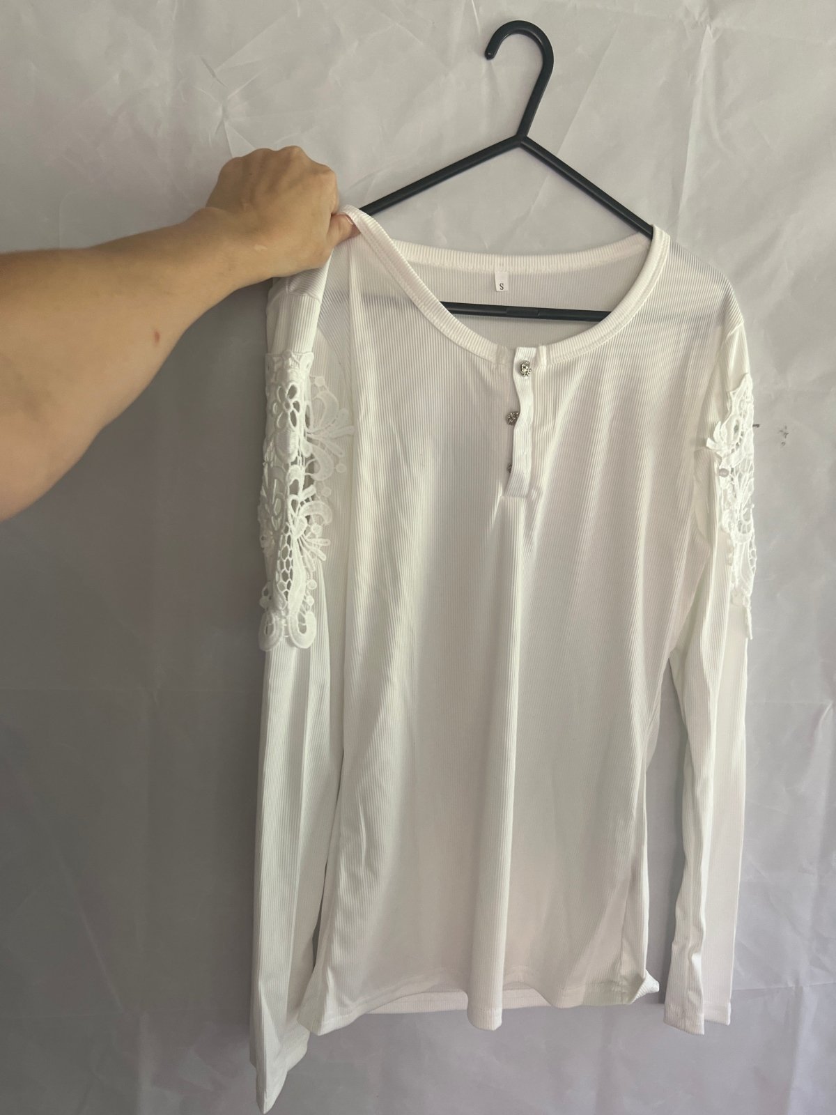 Lace Panel Long Sleeve Top - White - Juanita Boutique