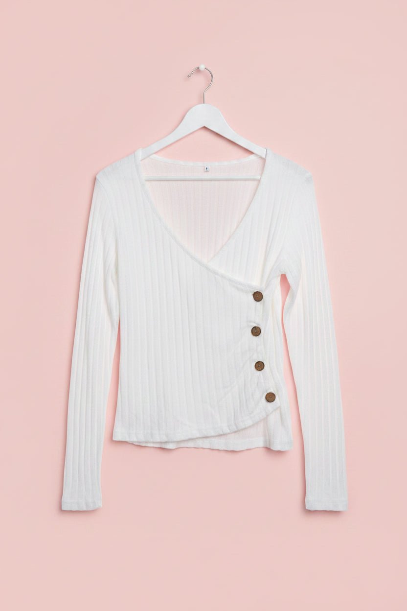 White Ribbed Knit Button Long Sleeve Top - Juanita Boutique
