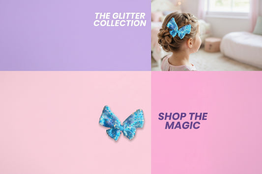 Collage of a child with a blue glitter hair bow against a brand-themed background.
