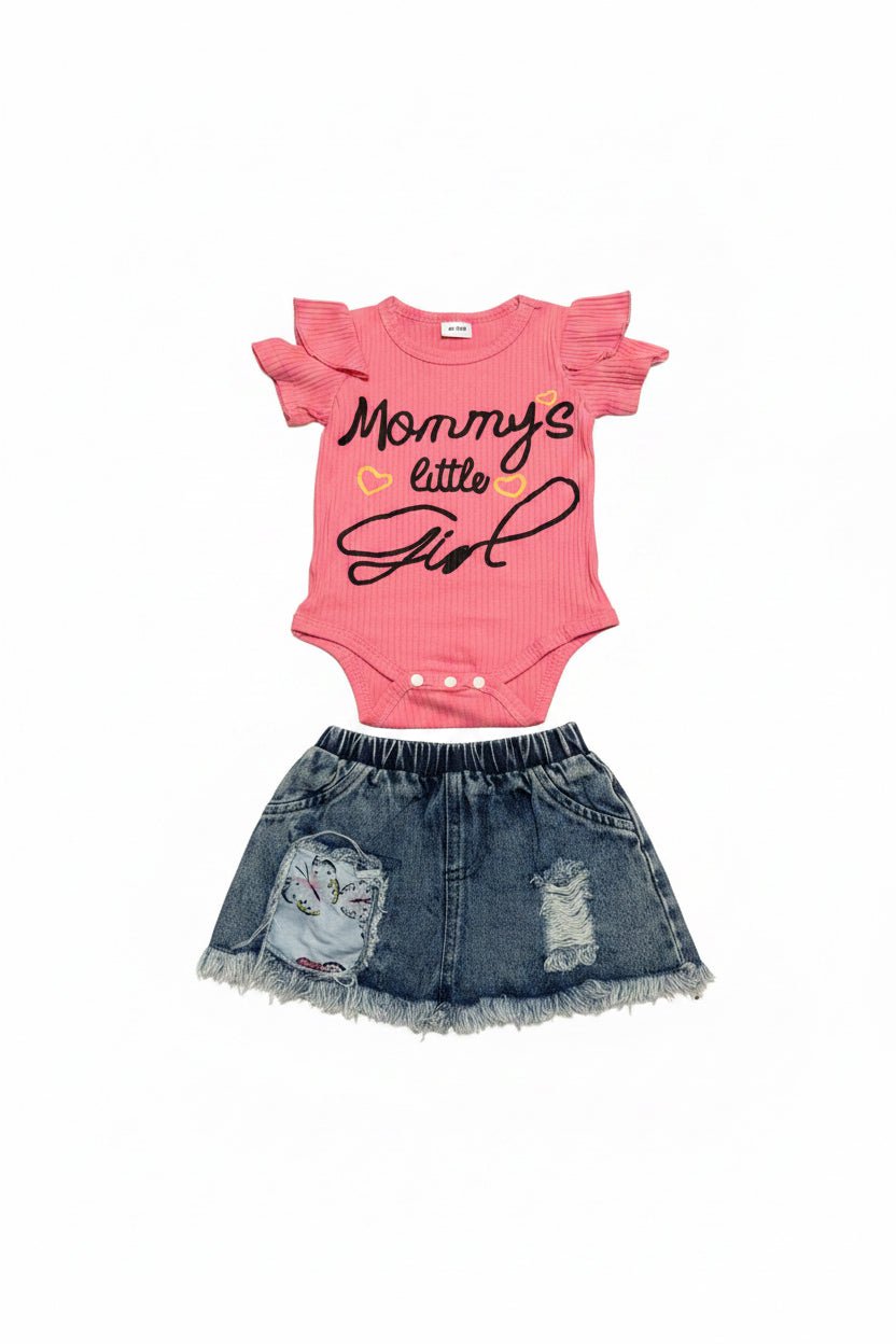 Mommy's Little Girl Baby Outfit Set – Ribbed Bodysuit & Denim Skirt - Juanita Boutique