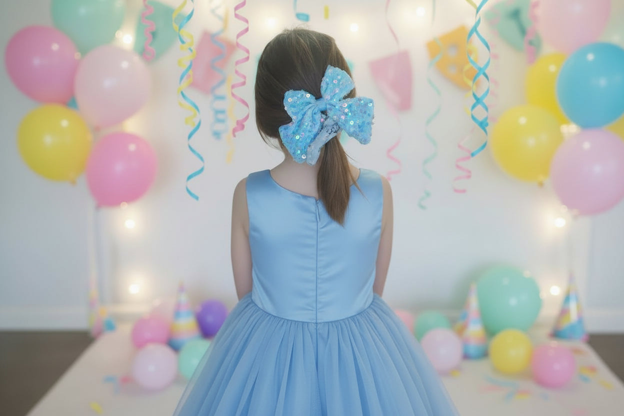 Person wearing a blue bow hair accessory outdoors