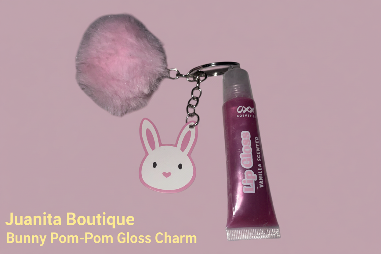 Bunny Pom-Pom Gloss Charm flat-lay on pink background – Juanita Boutique