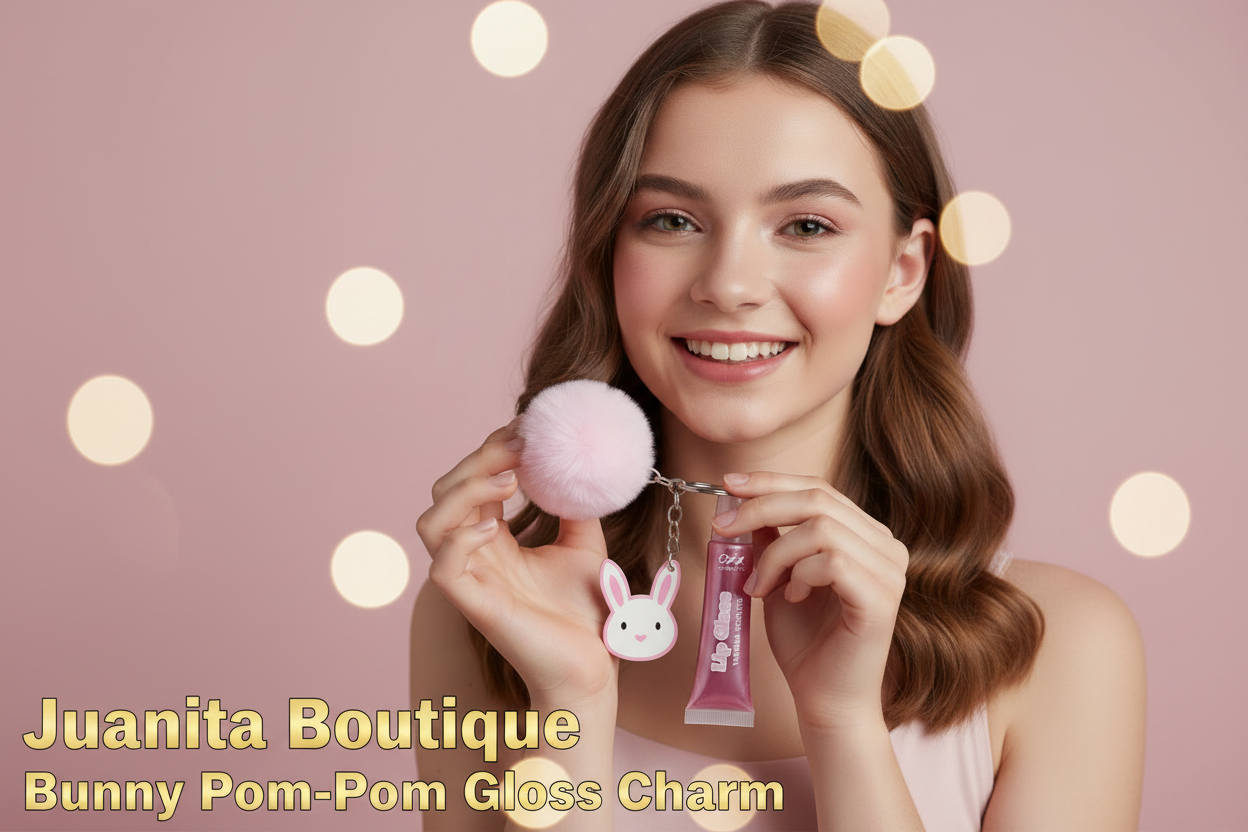Girl smiling holding Bunny Pom-Pom Gloss Charm – boutique kids gift Juanita Boutique