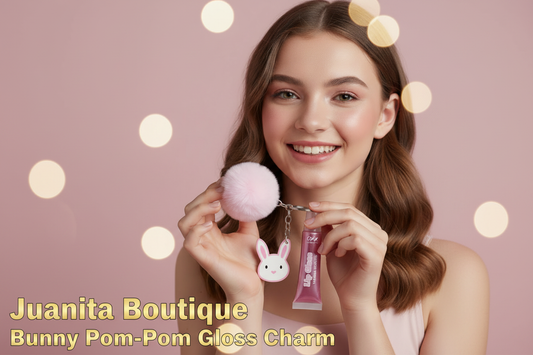 Girl smiling holding Bunny Pom-Pom Gloss Charm – boutique kids gift Juanita Boutique