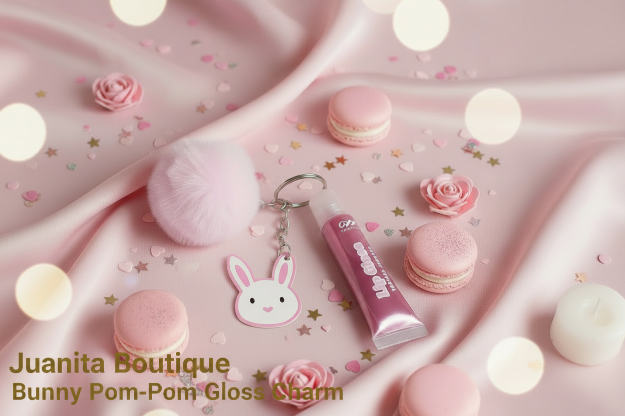 Bunny Pom-Pom Gloss Charm flat lay  with macarons – Juanita Boutique