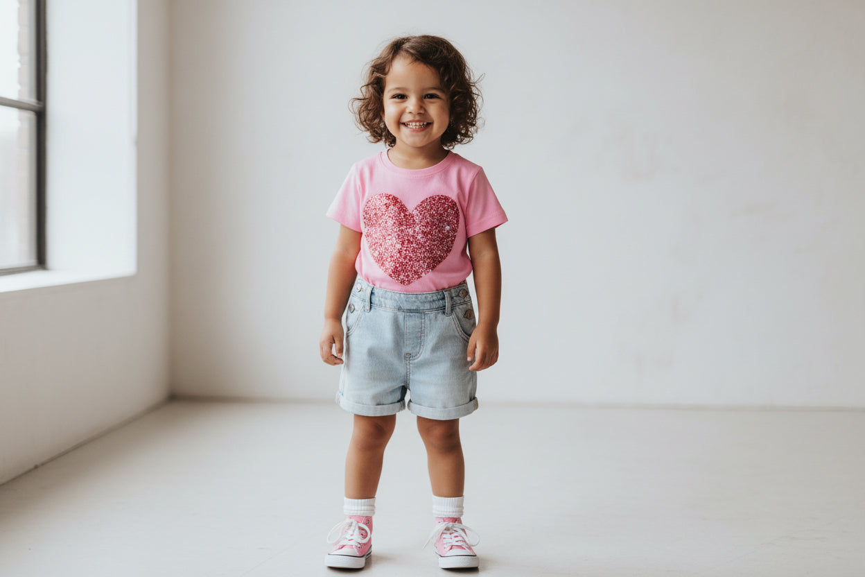 Girls Pink Glitter Heart Tee