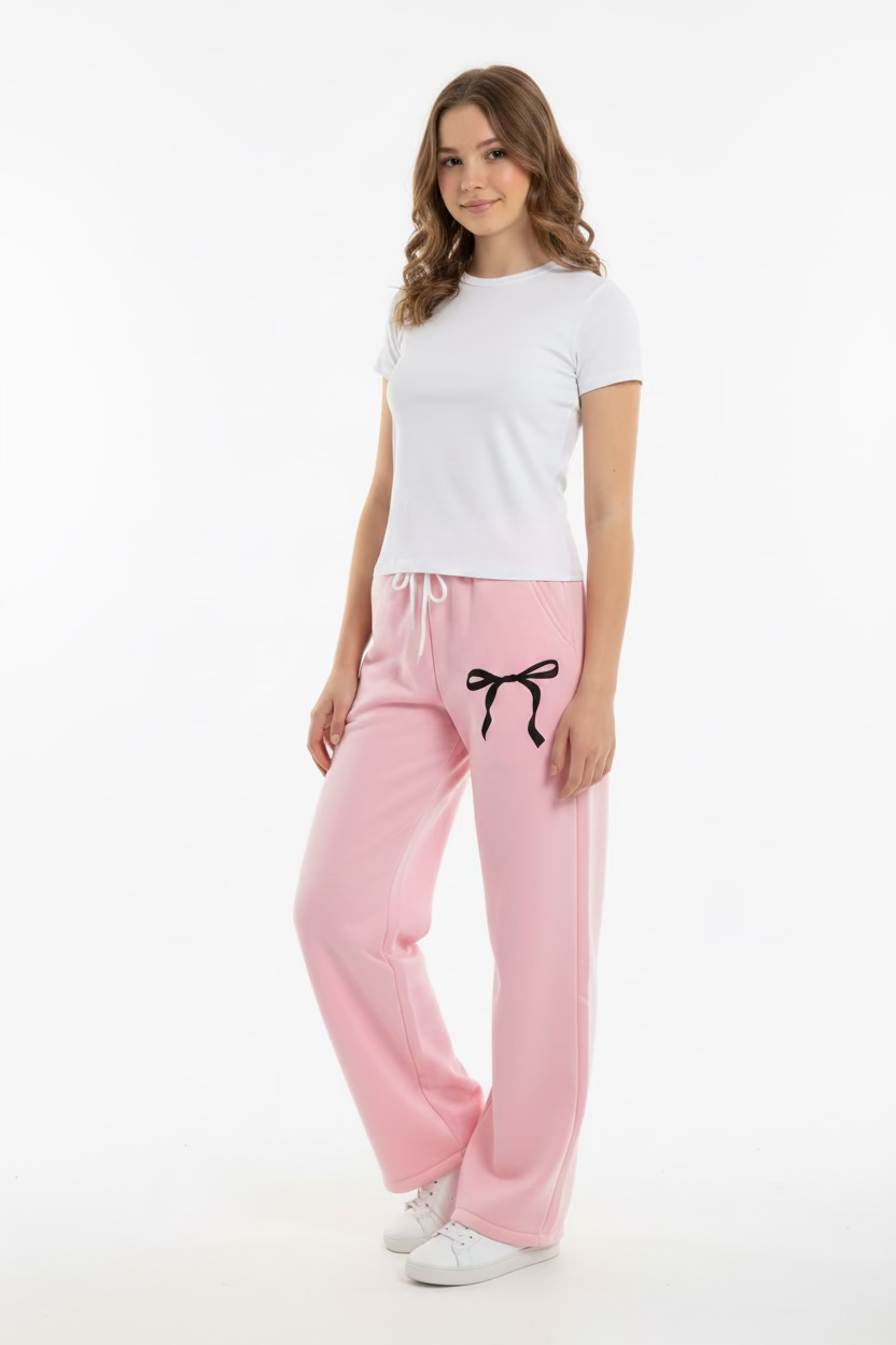 Pink Bow Wide-Leg Sweatpants