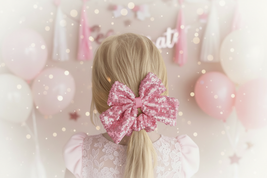 Pink sequin hair bow with birthday party background by Juanita Boutique
