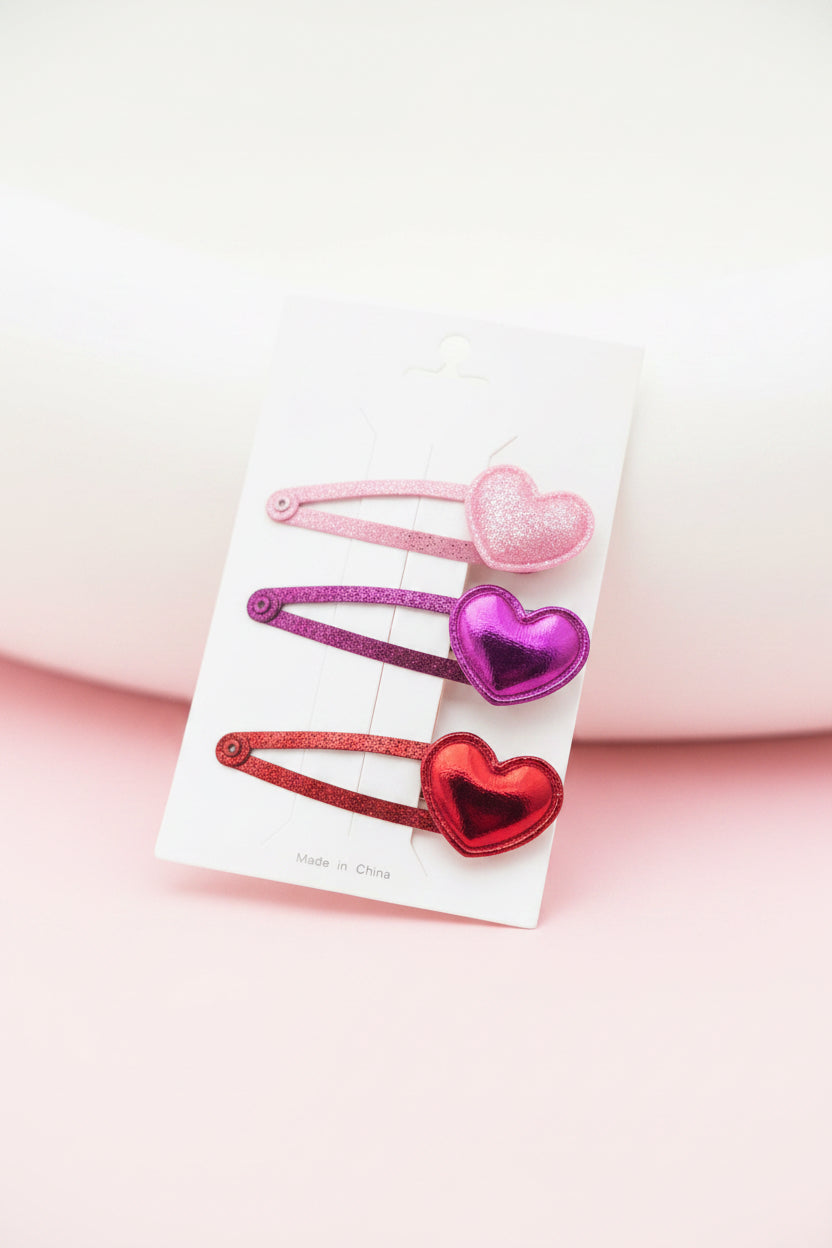 Glitter Heart Hair Clips - Set of 3 - Juanita Boutique