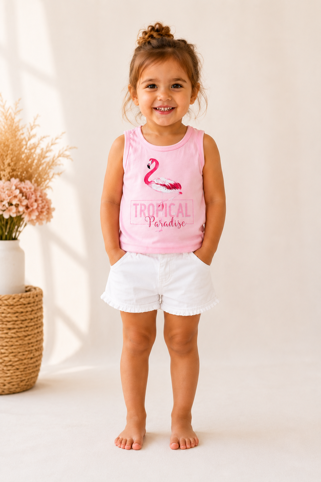 Girls flamingo tropical paradise singlet and shorts set - side view