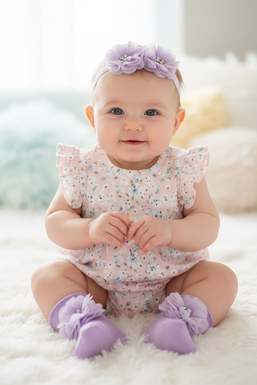 Lavender Chiffon Flower Socks & Headband Set — 0-6 Months broken - Juanita Boutique