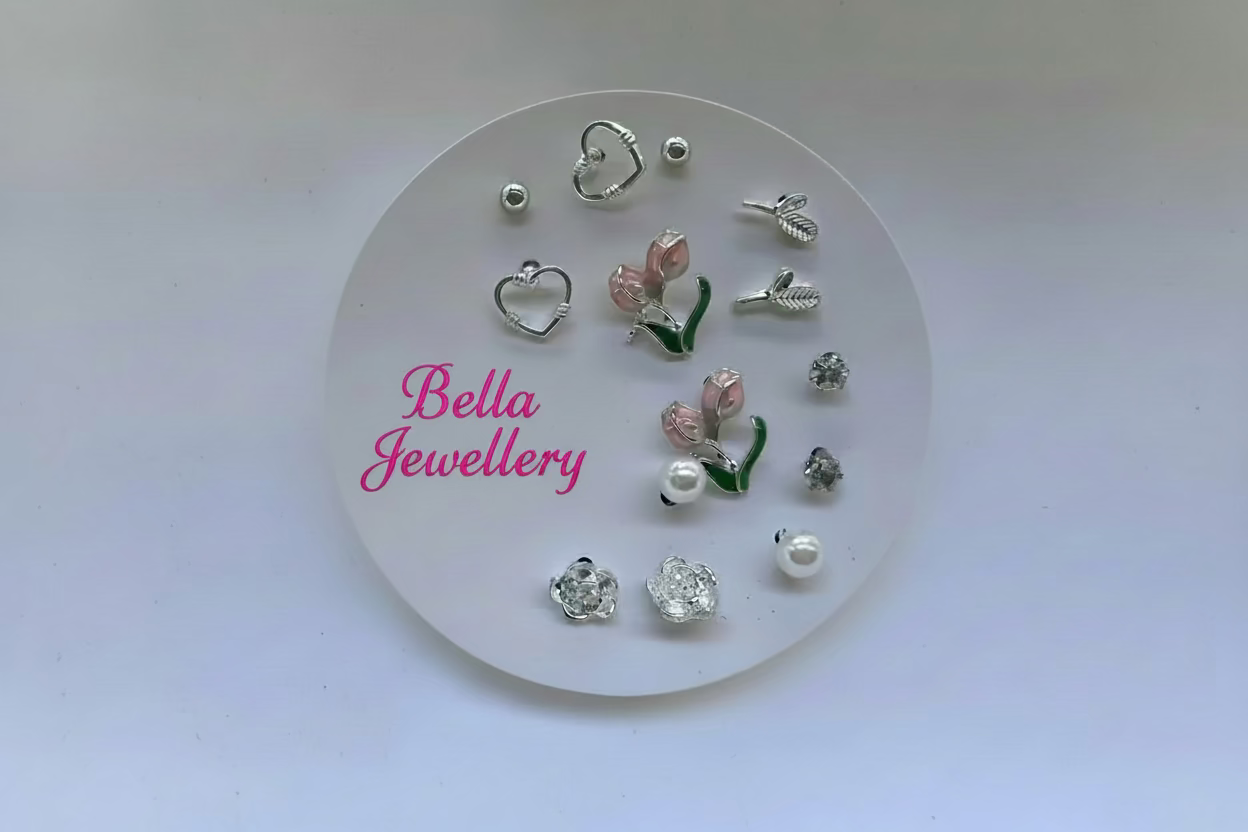 Bella jewellery set for girls, boutique kids earrings, silver heart hoops and floral studs Australia"