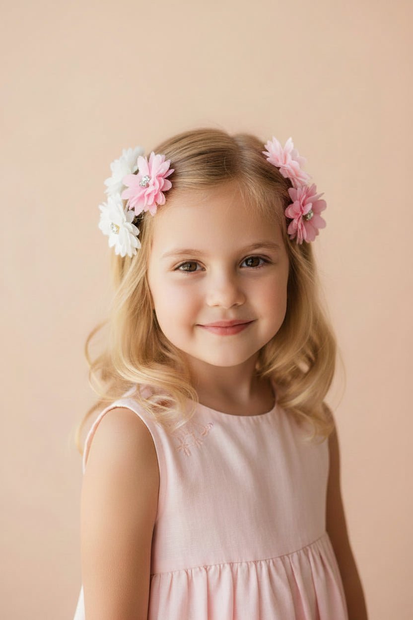 Fabric Flower Hair Clips – Set of 5 | Pink & White Floral Clips for Girls - Juanita Boutique