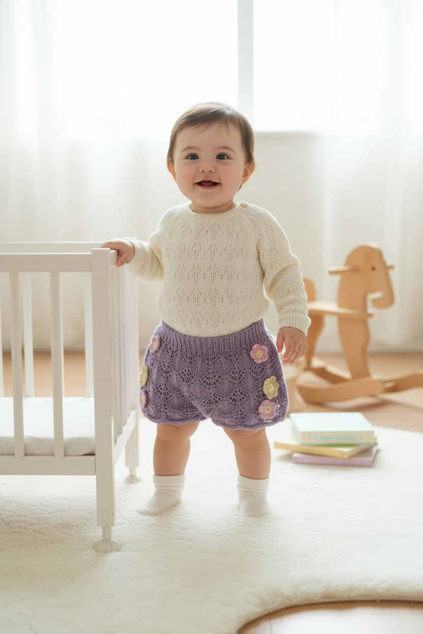 Girls Crochet Flower Shorts - Purple