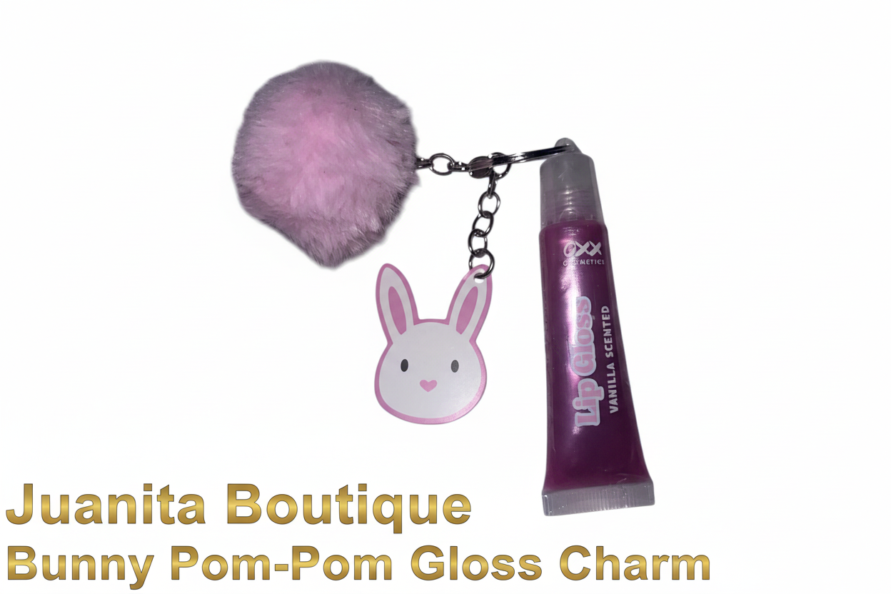 Girl smiling holding Bunny Pom-Pom Gloss Charm set – boutique kids gift Australia