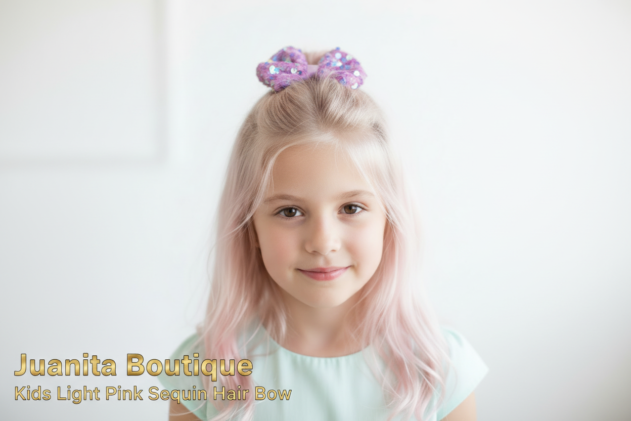 "Kids Light Pink Sequin Hair Bow by Juanita Boutique, sparkly pink bow clip for girls, boutique hair accessory Australia"