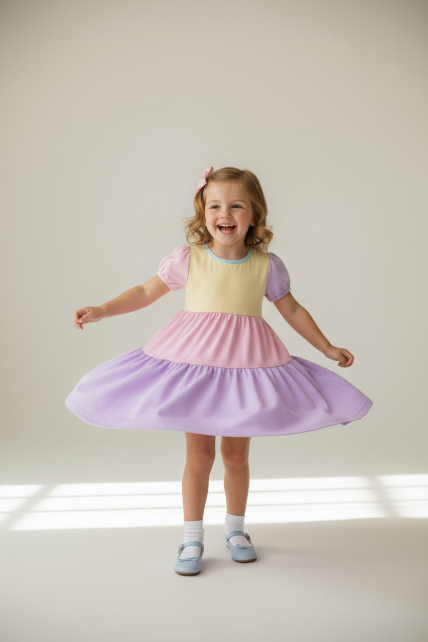 Young girl twirling in a kids rainbow casual dress, showing pastel colour-block panels and full skirt in motion
Title: Kids Rainbow Casual Dress – Twirl Shot