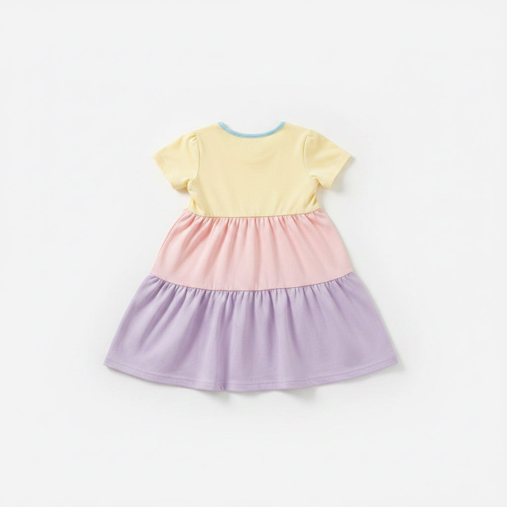 Kids rainbow casual dress back view, showing pastel colour-block panels and relaxed fit

