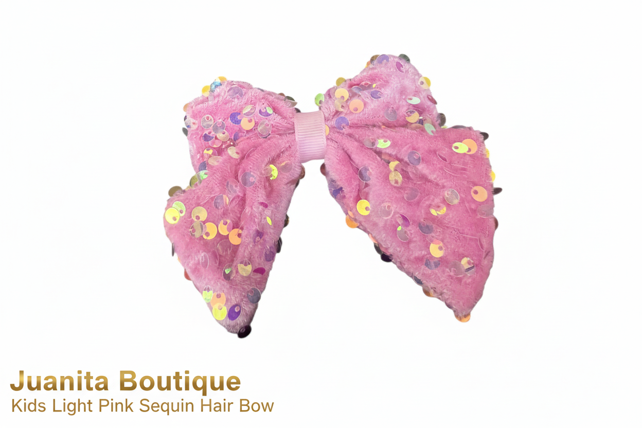 "Kids Light Pink Sequin Hair Bow by Juanita Boutique, sparkly pink bow clip for girls, boutique hair accessory Australia"