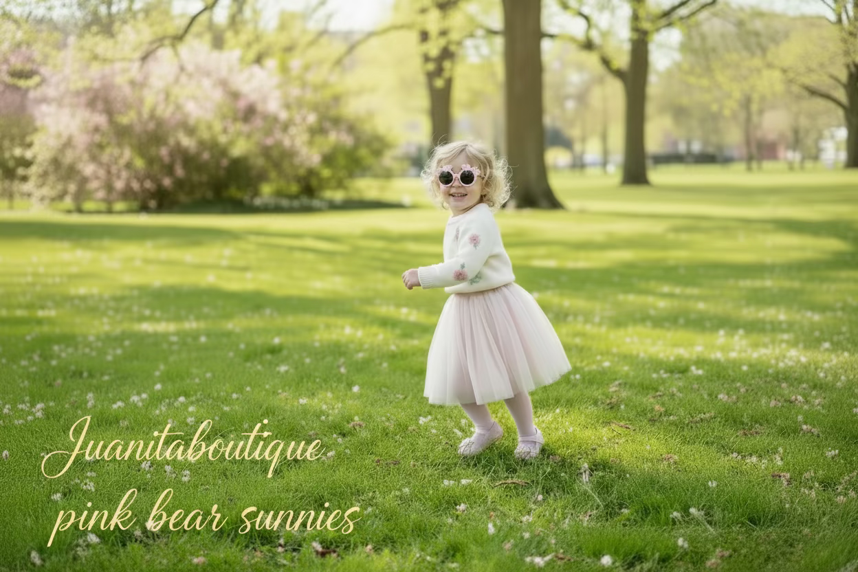 Pink bear sunglasses worn by girl — Juanita Boutique
