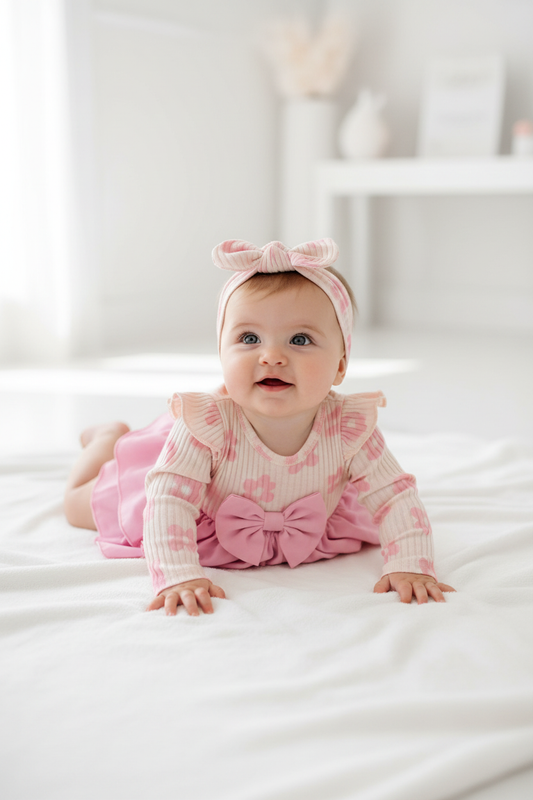 Pink Floral Ruffle Romper Set with Headband by Juanita Boutique – baby girl wearing full set