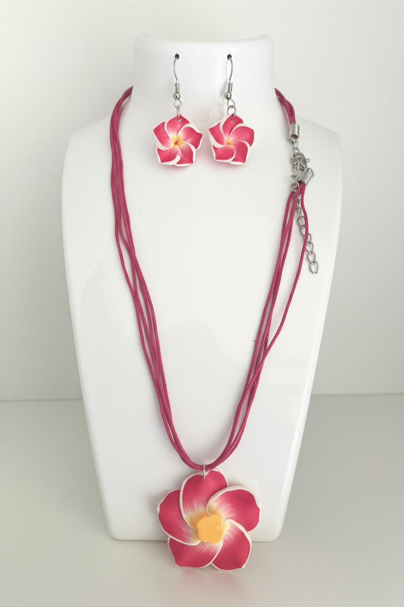  Pink Frangipani Jewelry Set – Necklace & Earrings
