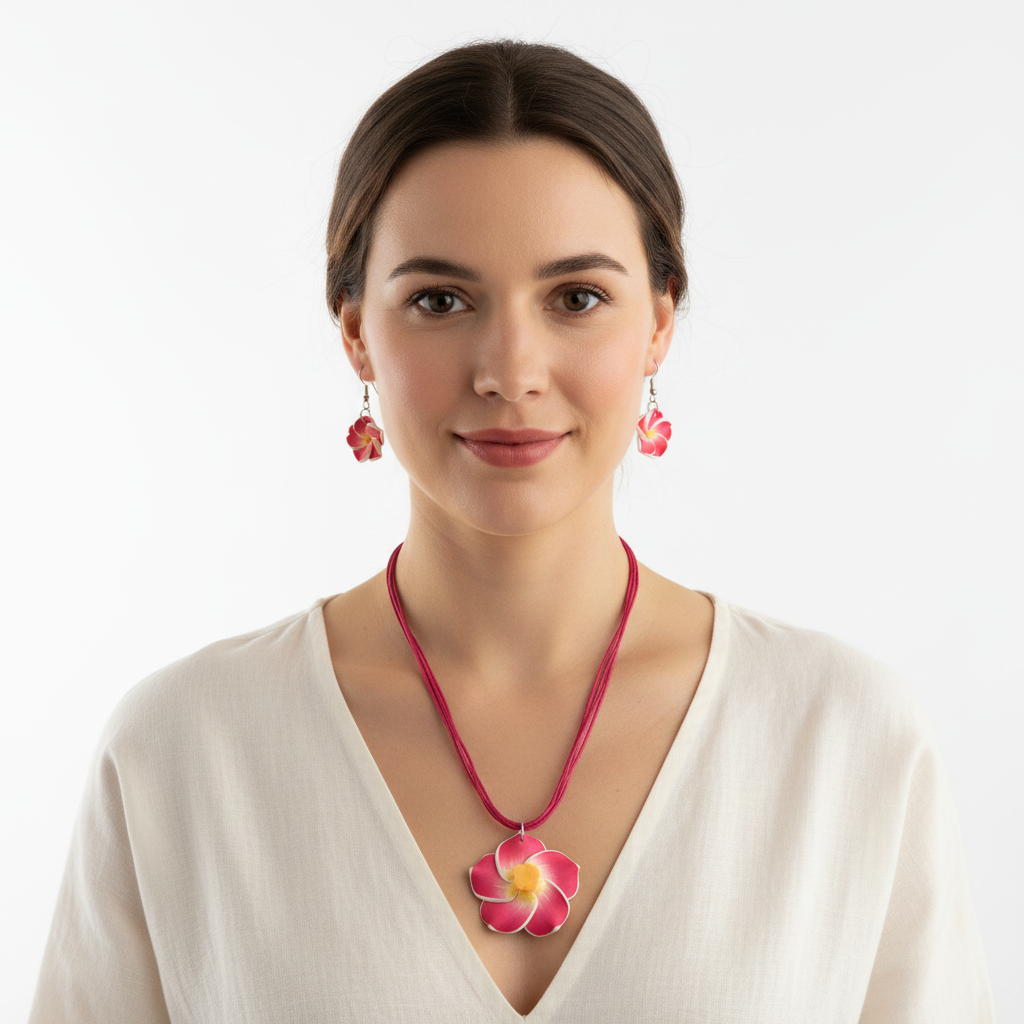 Woman wearing pink frangipani flower necklace and earrings jewellery set