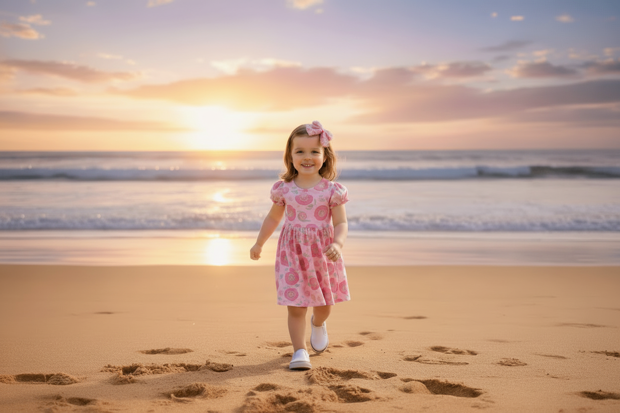 Girl wearing pink dress on beach by Juanita Boutique Australia
