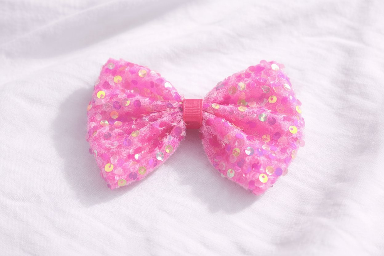 (pink bow flat lay on white background