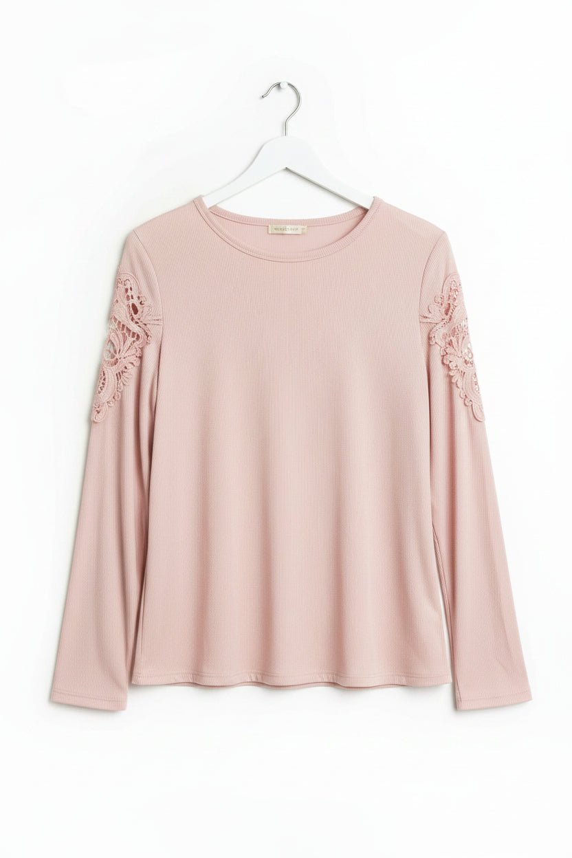 Lace Panel Long Sleeve Top - Cream - Juanita Boutique