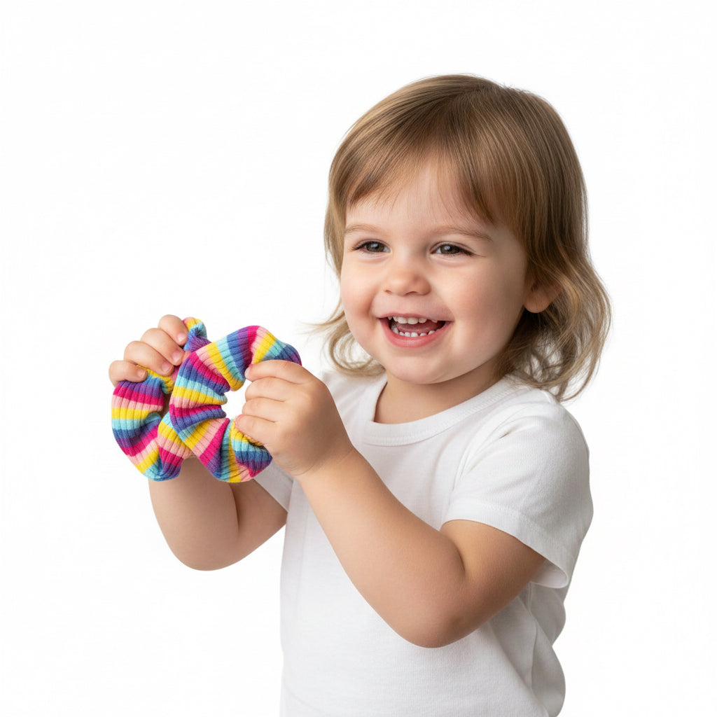 Rainbow Stripe Scrunchie by Juanita Boutique – lifestyle photo with girl