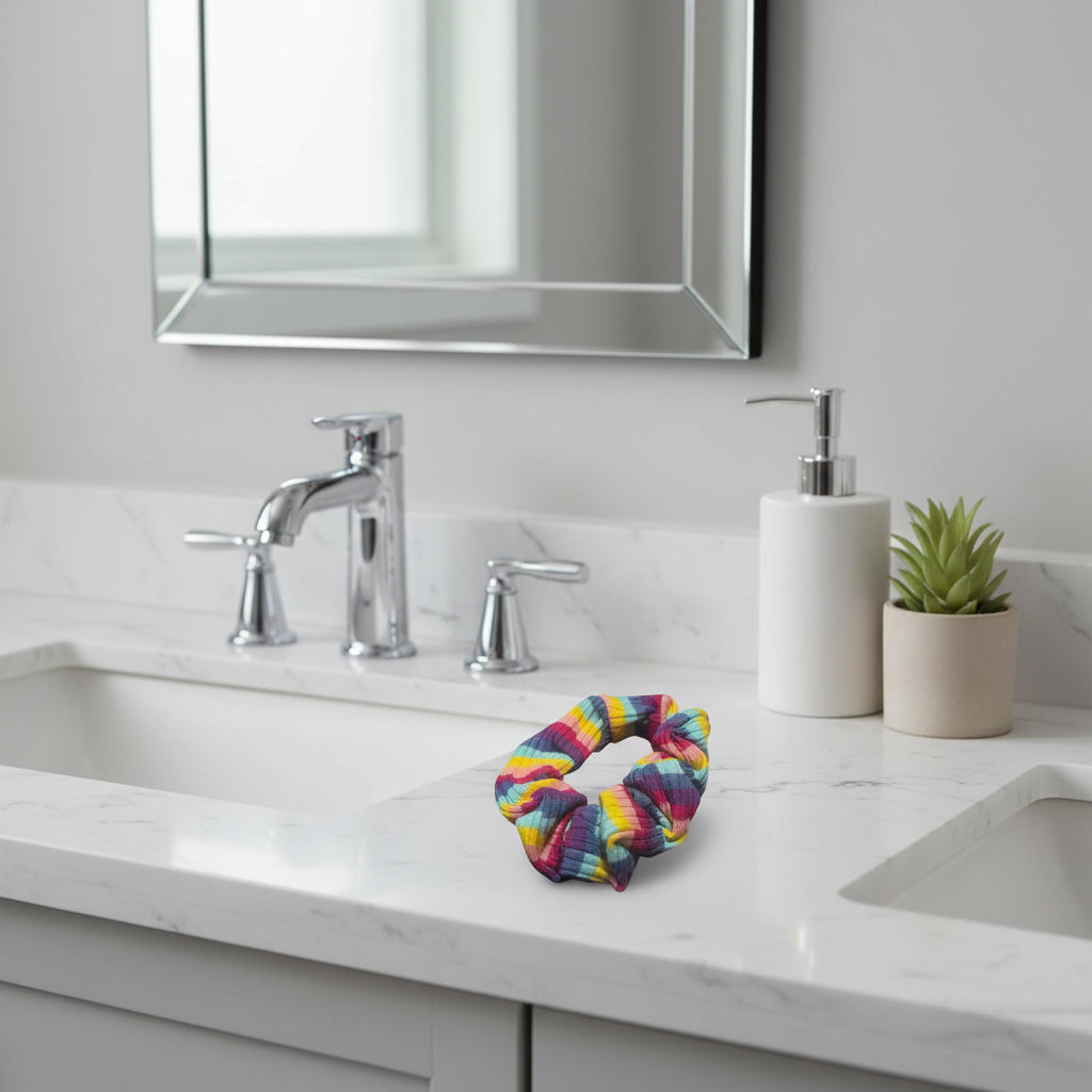 Rainbow Stripe Scrunchie by Juanita Boutique – lifestyle bathroom flat lay