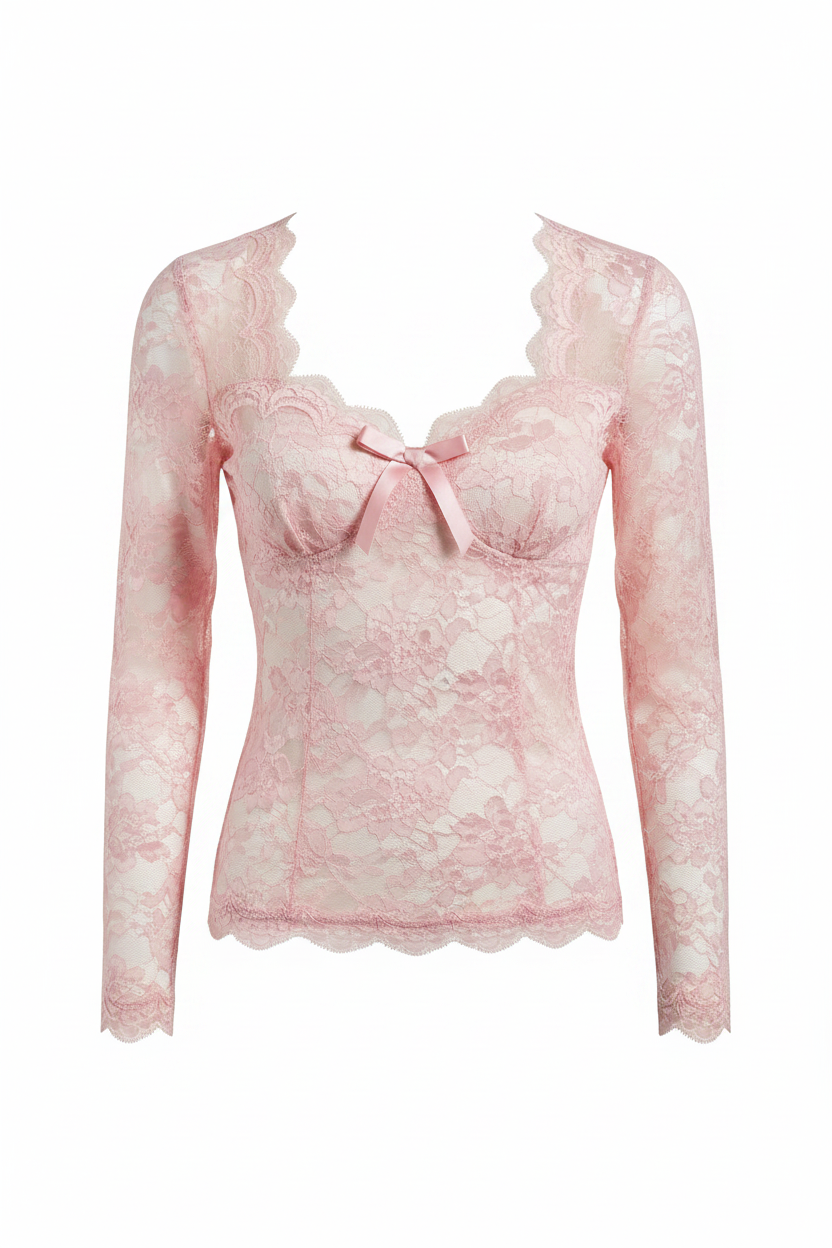 Women's pink lace long sleeve top with sweetheart neckline and bow detail