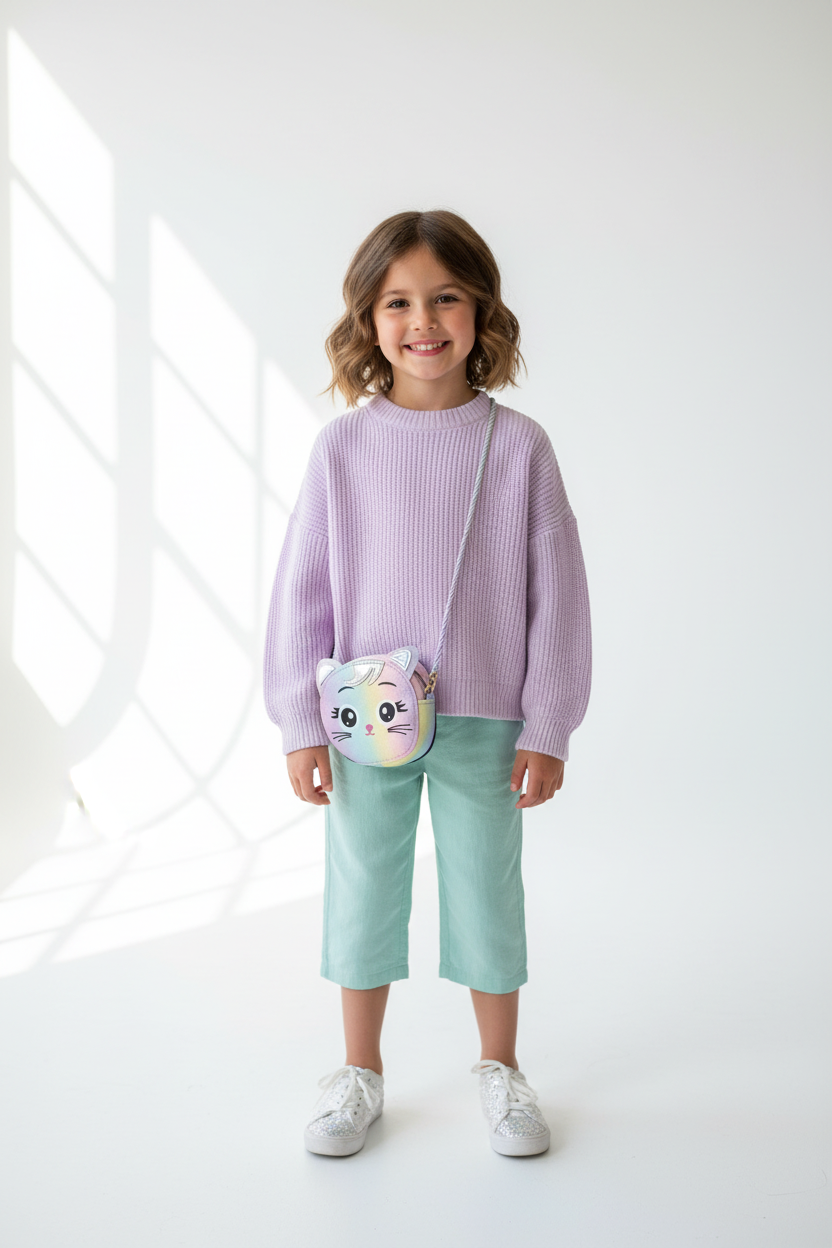 Young girl wearing rainbow unicorn cat crossbody bag in boutique setting