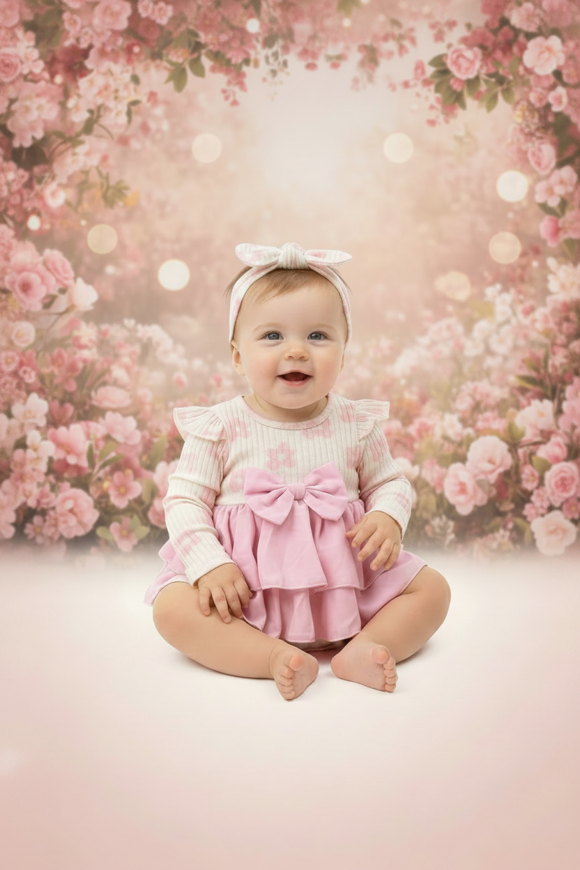 Baby Girl Sitting Up in Pink Ruffle Romper