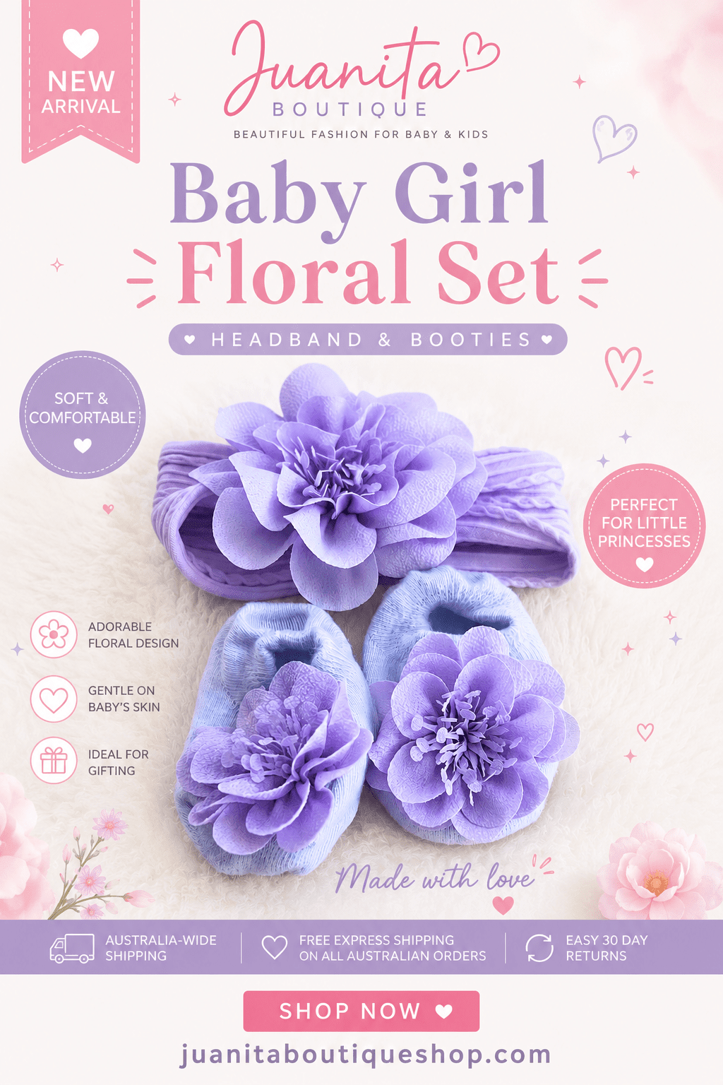 Baby Girl Floral Set packaging label - Baby Flower Headband & Socks Gift Set by Juanita Boutique