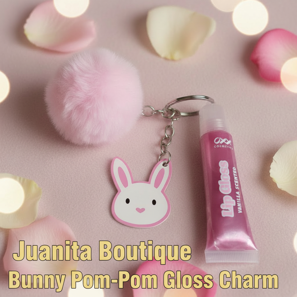 Bunny Pom-Pom Gloss Charm styled with macarons and roses – Juanita Boutique