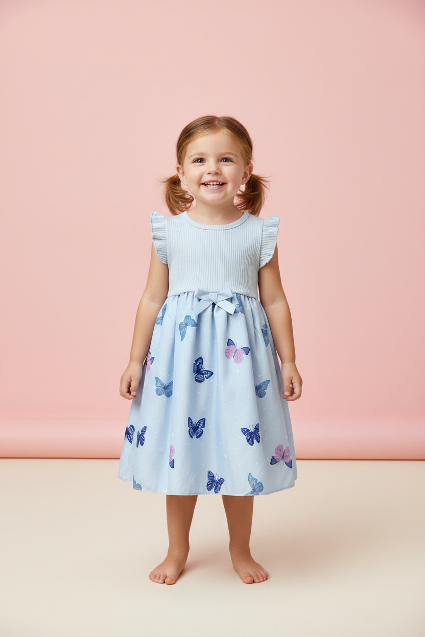 Butterfly Print Flutter Dress front view with ribbon