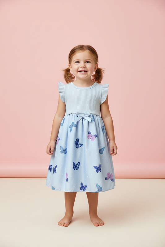 Butterfly Print Flutter Dress front view with ribbon