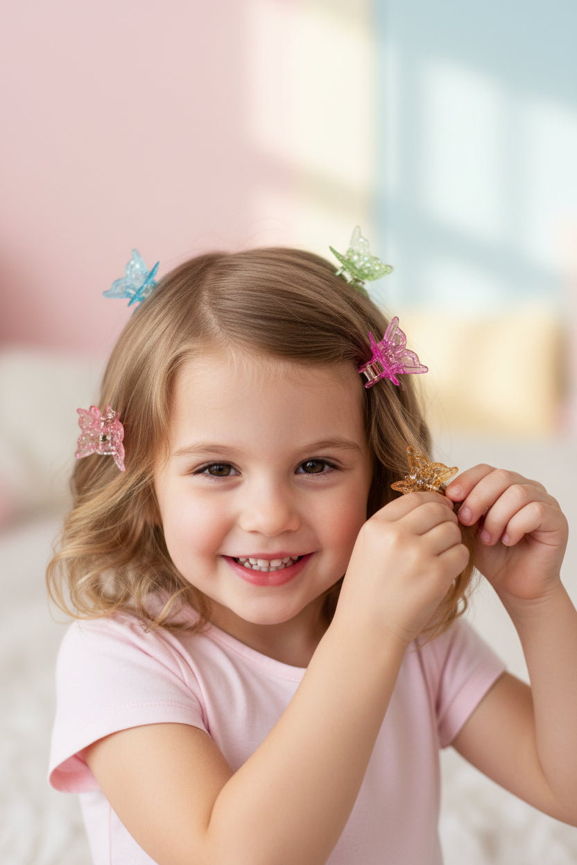 butterfly claw clips in her hair, Juanita Boutique